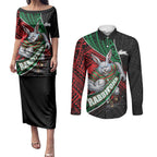 South Sydney Rabbitohs Rugby Couples Matching Puletasi and Long Sleeve Button Shirt Tribal Polynesian Power Art - Lightning Mascot