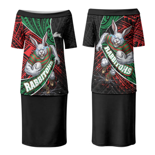 South Sydney Rabbitohs Rugby Couples Matching Puletasi and Long Sleeve Button Shirt Tribal Polynesian Power Art - Lightning Mascot