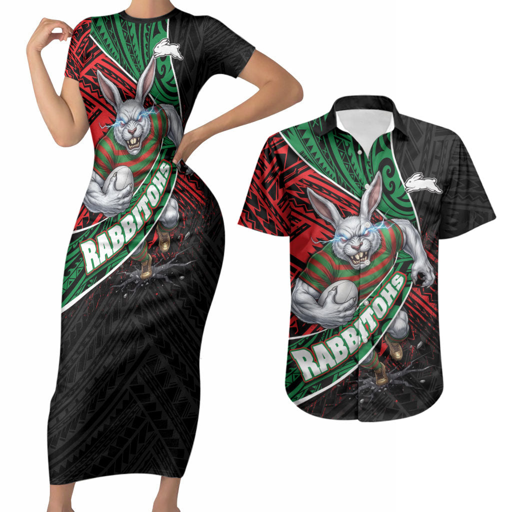 South Sydney Rabbitohs Rugby Couples Matching Short Sleeve Bodycon Dress and Hawaiian Shirt Tribal Polynesian Power Art - Lightning Mascot