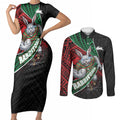 South Sydney Rabbitohs Rugby Couples Matching Short Sleeve Bodycon Dress and Long Sleeve Button Shirt Tribal Polynesian Power Art - Lightning Mascot