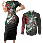 South Sydney Rabbitohs Rugby Couples Matching Short Sleeve Bodycon Dress and Long Sleeve Button Shirt Tribal Polynesian Power Art - Lightning Mascot