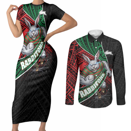 South Sydney Rabbitohs Rugby Couples Matching Short Sleeve Bodycon Dress and Long Sleeve Button Shirt Tribal Polynesian Power Art - Lightning Mascot