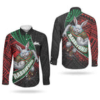 South Sydney Rabbitohs Rugby Couples Matching Short Sleeve Bodycon Dress and Long Sleeve Button Shirt Tribal Polynesian Power Art - Lightning Mascot