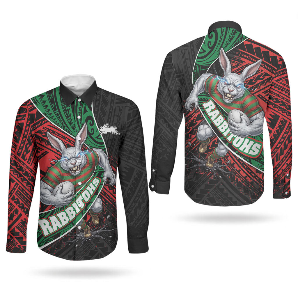 South Sydney Rabbitohs Rugby Couples Matching Short Sleeve Bodycon Dress and Long Sleeve Button Shirt Tribal Polynesian Power Art - Lightning Mascot