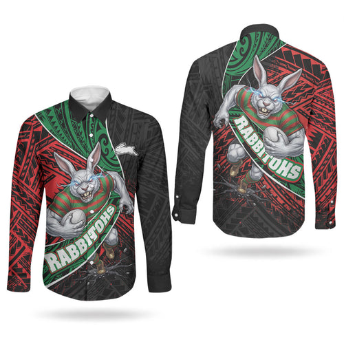 South Sydney Rabbitohs Rugby Couples Matching Short Sleeve Bodycon Dress and Long Sleeve Button Shirt Tribal Polynesian Power Art - Lightning Mascot