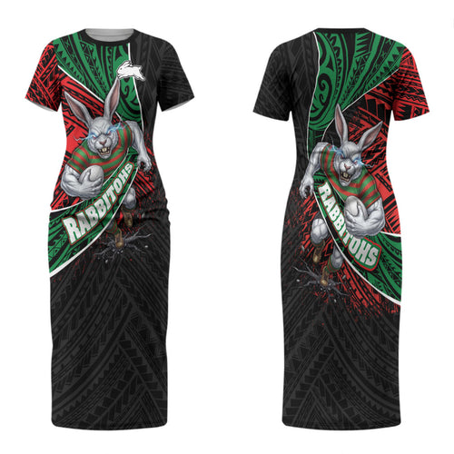 South Sydney Rabbitohs Rugby Couples Matching Short Sleeve Bodycon Dress and Long Sleeve Button Shirt Tribal Polynesian Power Art - Lightning Mascot