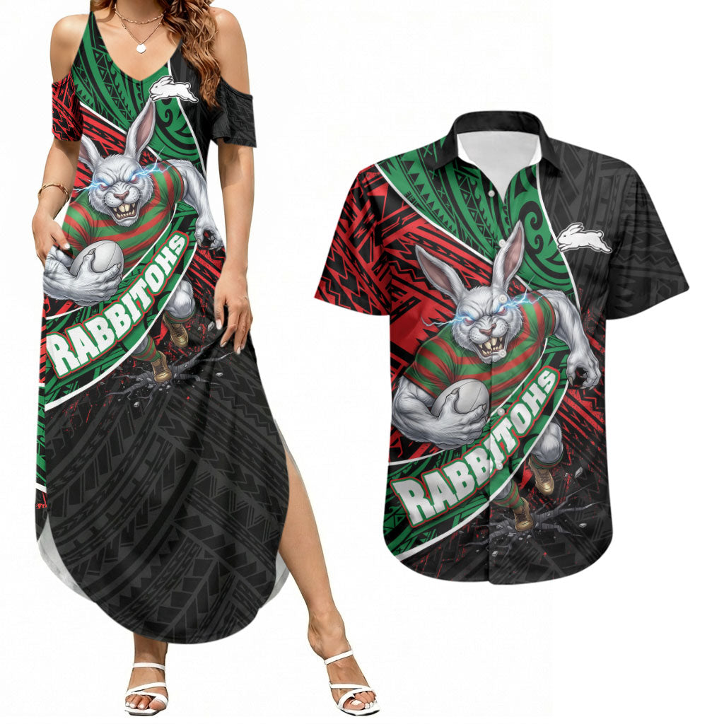 South Sydney Rabbitohs Rugby Couples Matching Summer Maxi Dress and Hawaiian Shirt Tribal Polynesian Power Art - Lightning Mascot
