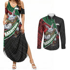 South Sydney Rabbitohs Rugby Couples Matching Summer Maxi Dress and Long Sleeve Button Shirt Tribal Polynesian Power Art - Lightning Mascot