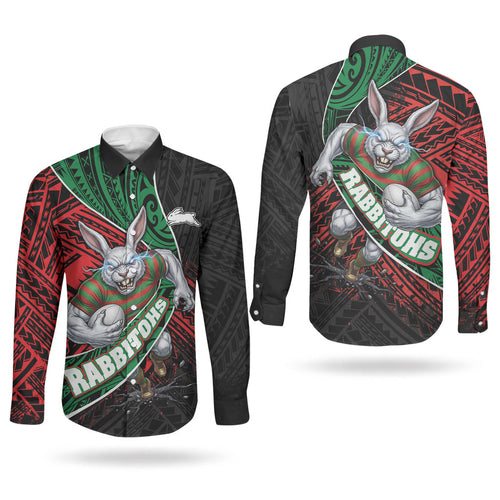 South Sydney Rabbitohs Rugby Couples Matching Summer Maxi Dress and Long Sleeve Button Shirt Tribal Polynesian Power Art - Lightning Mascot