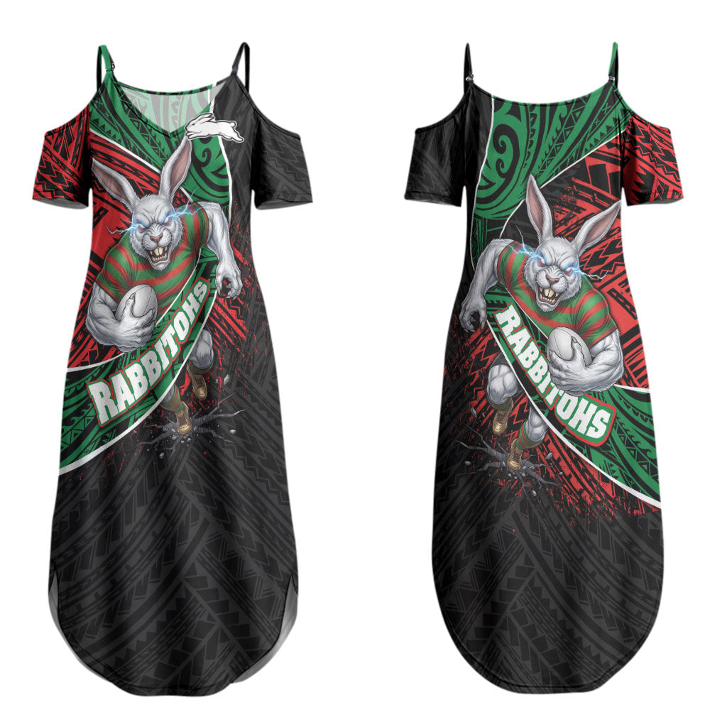South Sydney Rabbitohs Rugby Couples Matching Summer Maxi Dress and Long Sleeve Button Shirt Tribal Polynesian Power Art - Lightning Mascot