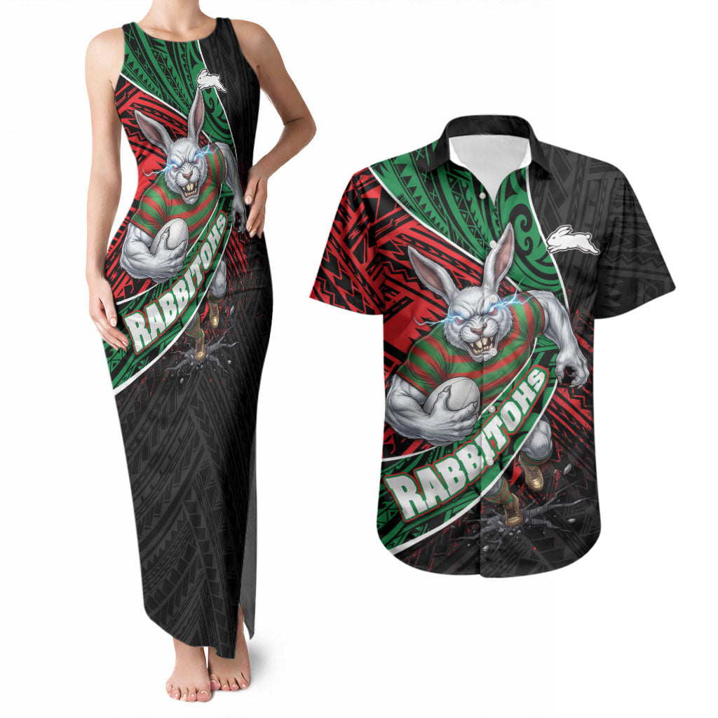 South Sydney Rabbitohs Rugby Couples Matching Tank Maxi Dress and Hawaiian Shirt Tribal Polynesian Power Art - Lightning Mascot