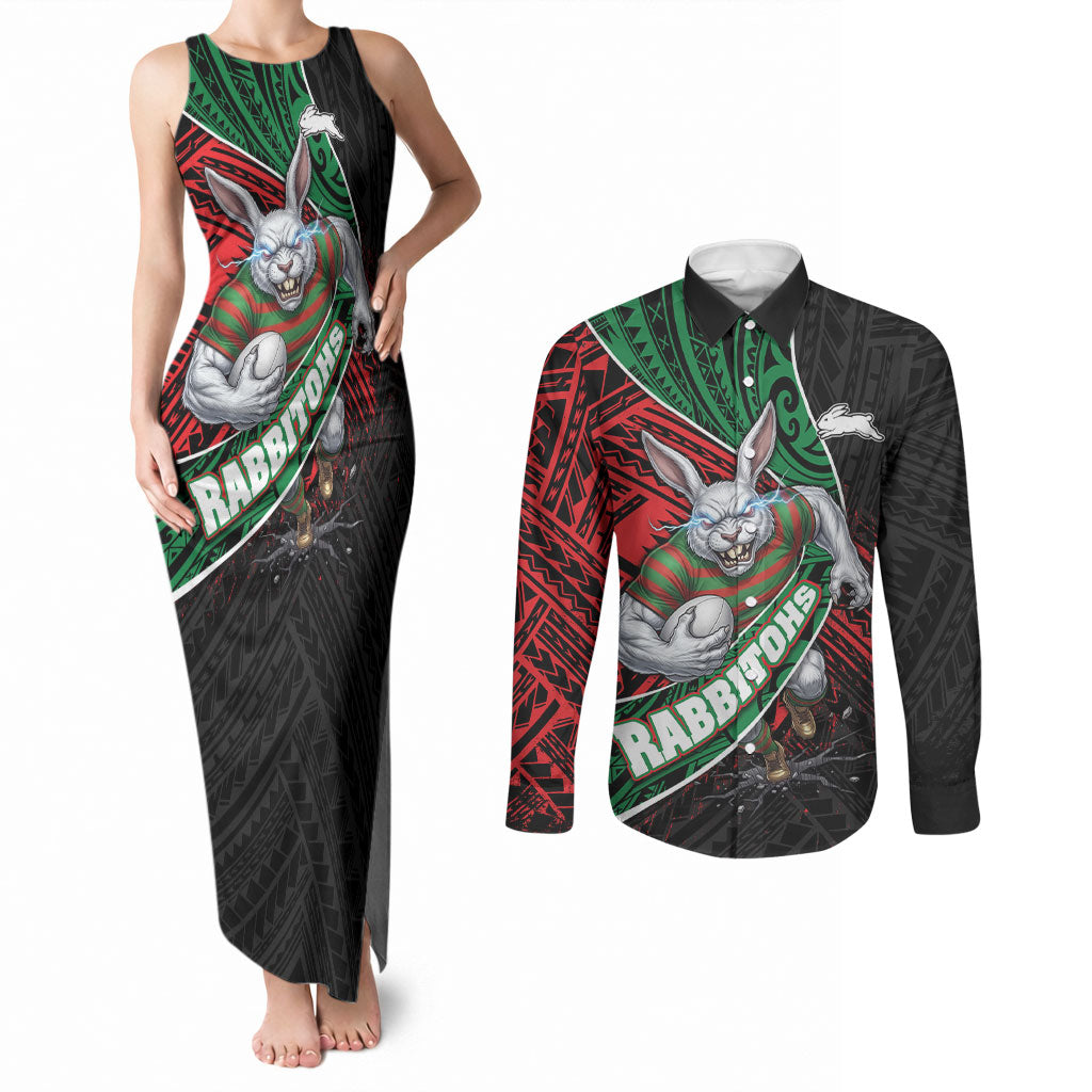 South Sydney Rabbitohs Rugby Couples Matching Tank Maxi Dress and Long Sleeve Button Shirt Tribal Polynesian Power Art - Lightning Mascot