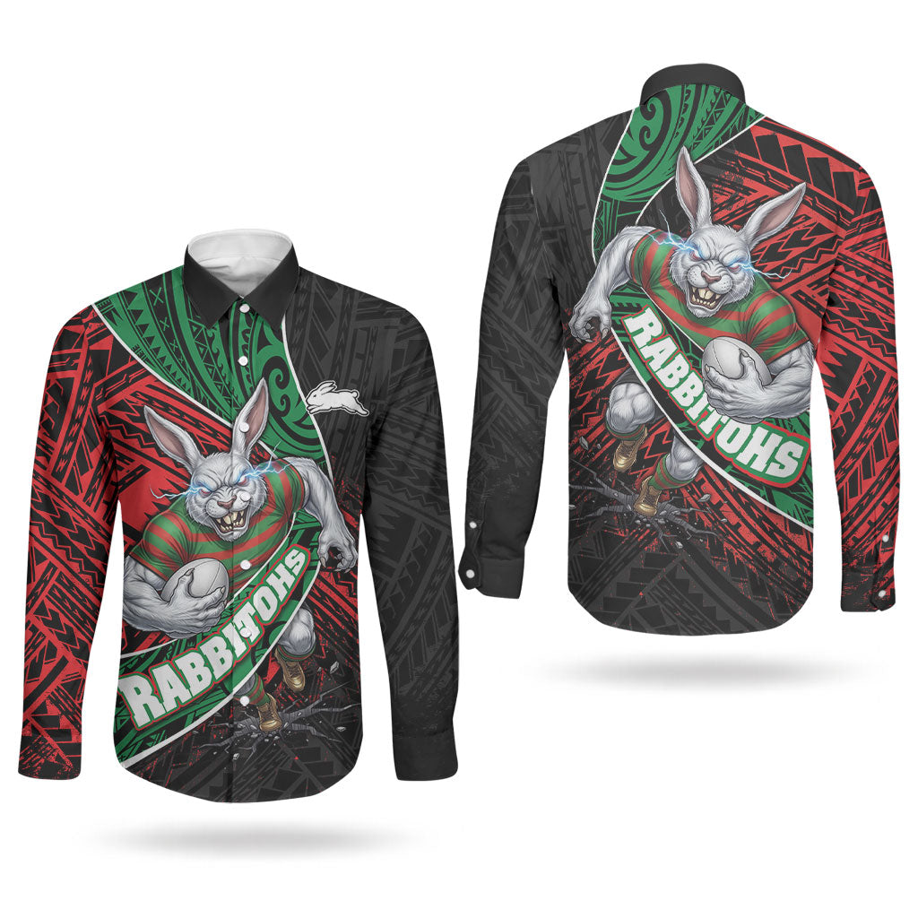 South Sydney Rabbitohs Rugby Couples Matching Tank Maxi Dress and Long Sleeve Button Shirt Tribal Polynesian Power Art - Lightning Mascot