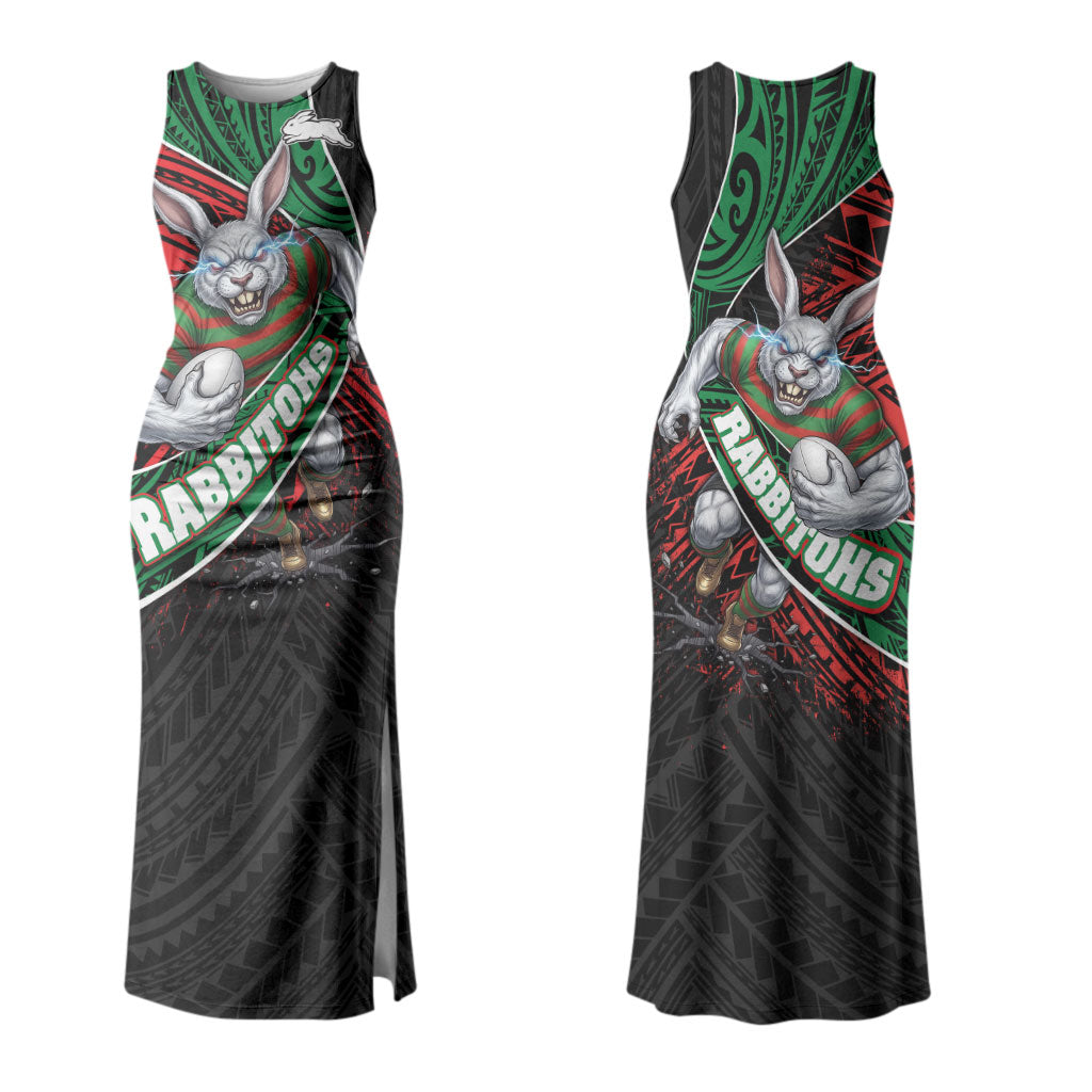 South Sydney Rabbitohs Rugby Couples Matching Tank Maxi Dress and Long Sleeve Button Shirt Tribal Polynesian Power Art - Lightning Mascot