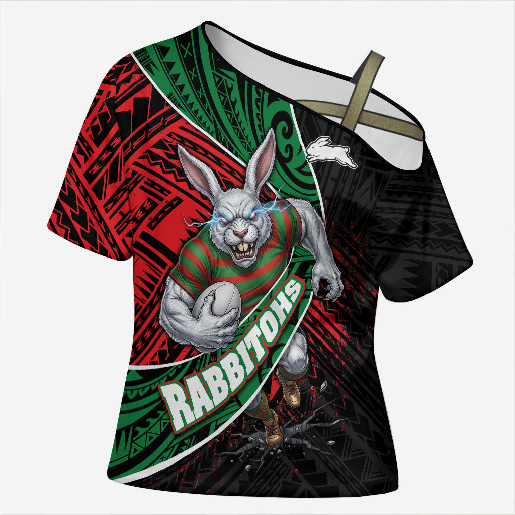 South Sydney Rabbitohs Rugby Cross Shoulder Shirt Tribal Polynesian Power Art - Lightning Mascot