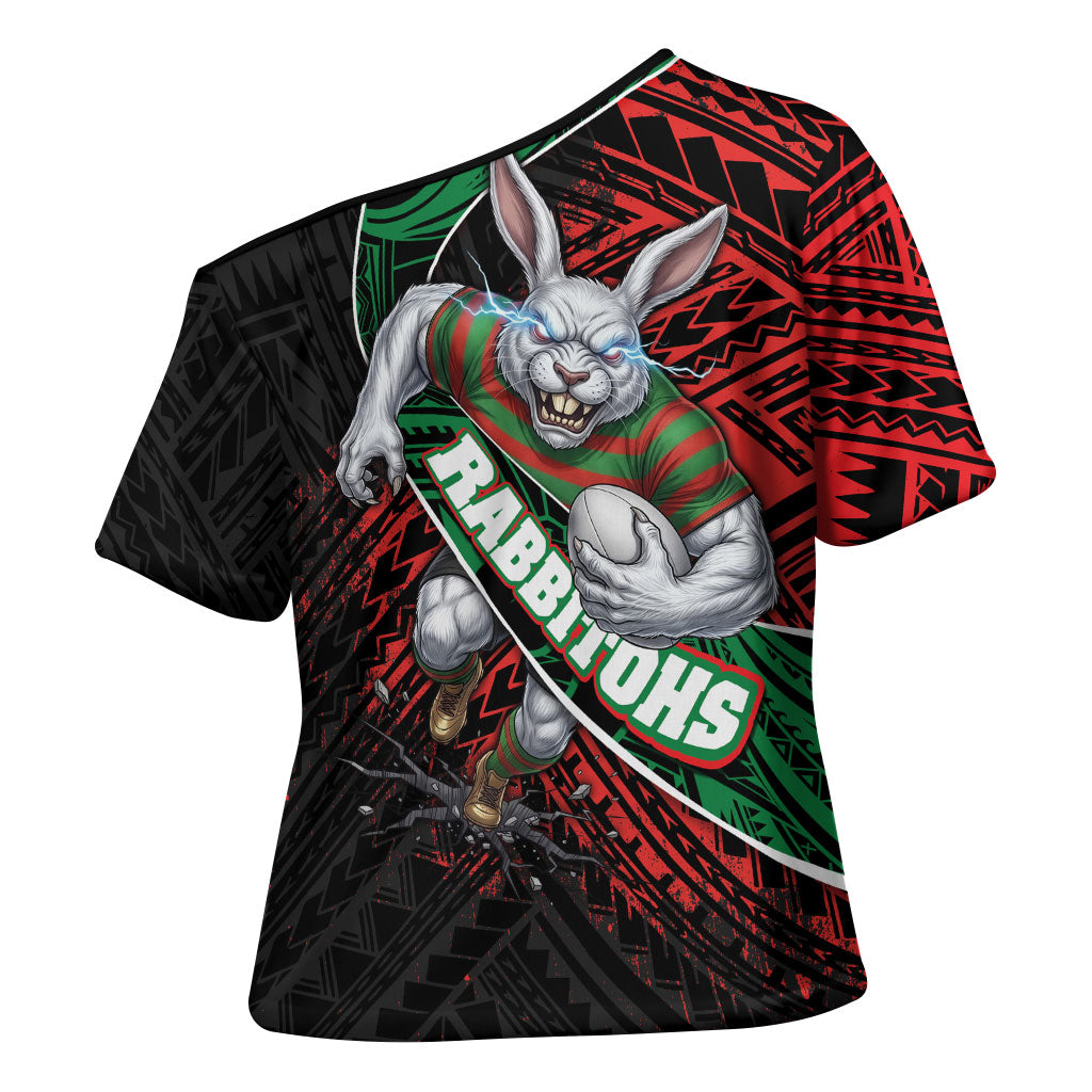 South Sydney Rabbitohs Rugby Cross Shoulder Shirt Tribal Polynesian Power Art - Lightning Mascot