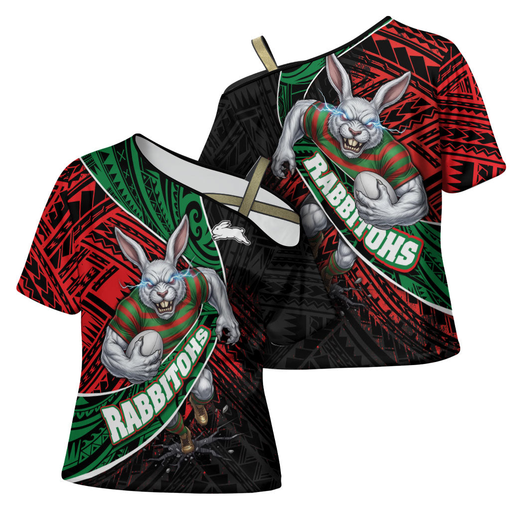 South Sydney Rabbitohs Rugby Cross Shoulder Shirt Tribal Polynesian Power Art - Lightning Mascot