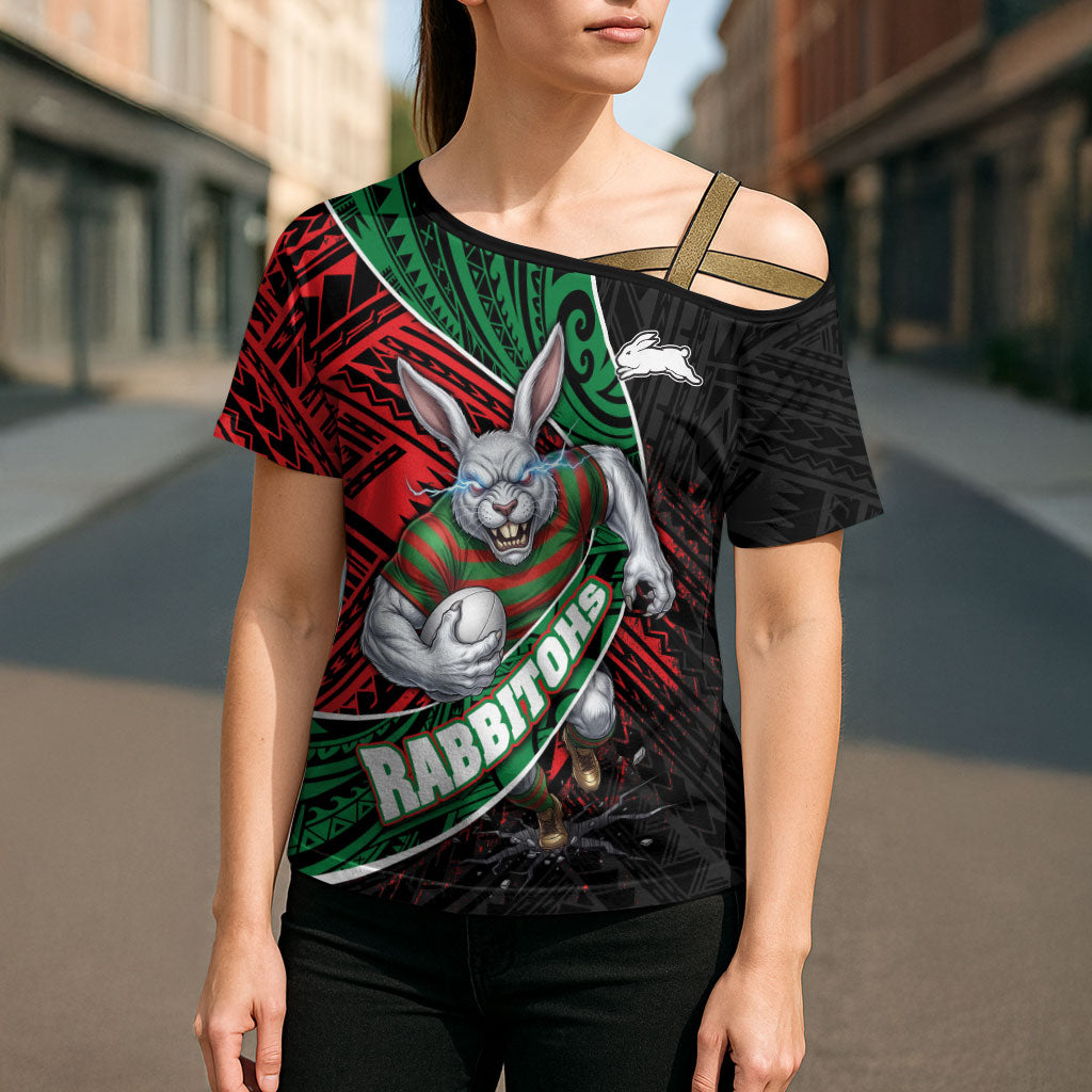 South Sydney Rabbitohs Rugby Cross Shoulder Shirt Tribal Polynesian Power Art - Lightning Mascot