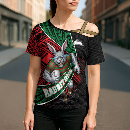 South Sydney Rabbitohs Rugby Cross Shoulder Shirt Tribal Polynesian Power Art - Lightning Mascot