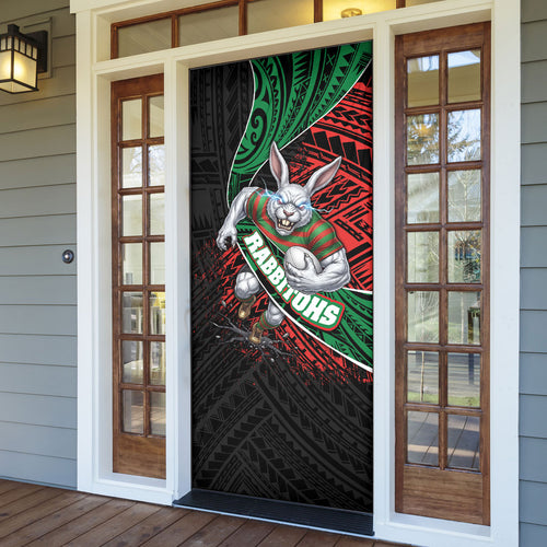 South Sydney Rabbitohs Rugby Door Cover Tribal Polynesian Power Art - Lightning Mascot