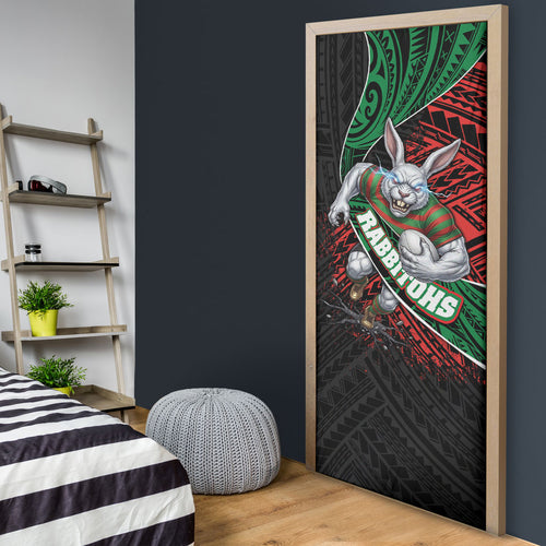 South Sydney Rabbitohs Rugby Door Cover Tribal Polynesian Power Art - Lightning Mascot