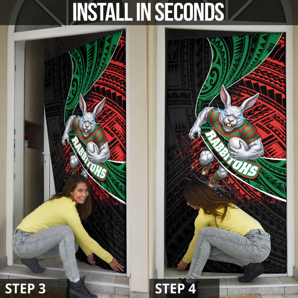South Sydney Rabbitohs Rugby Door Cover Tribal Polynesian Power Art - Lightning Mascot