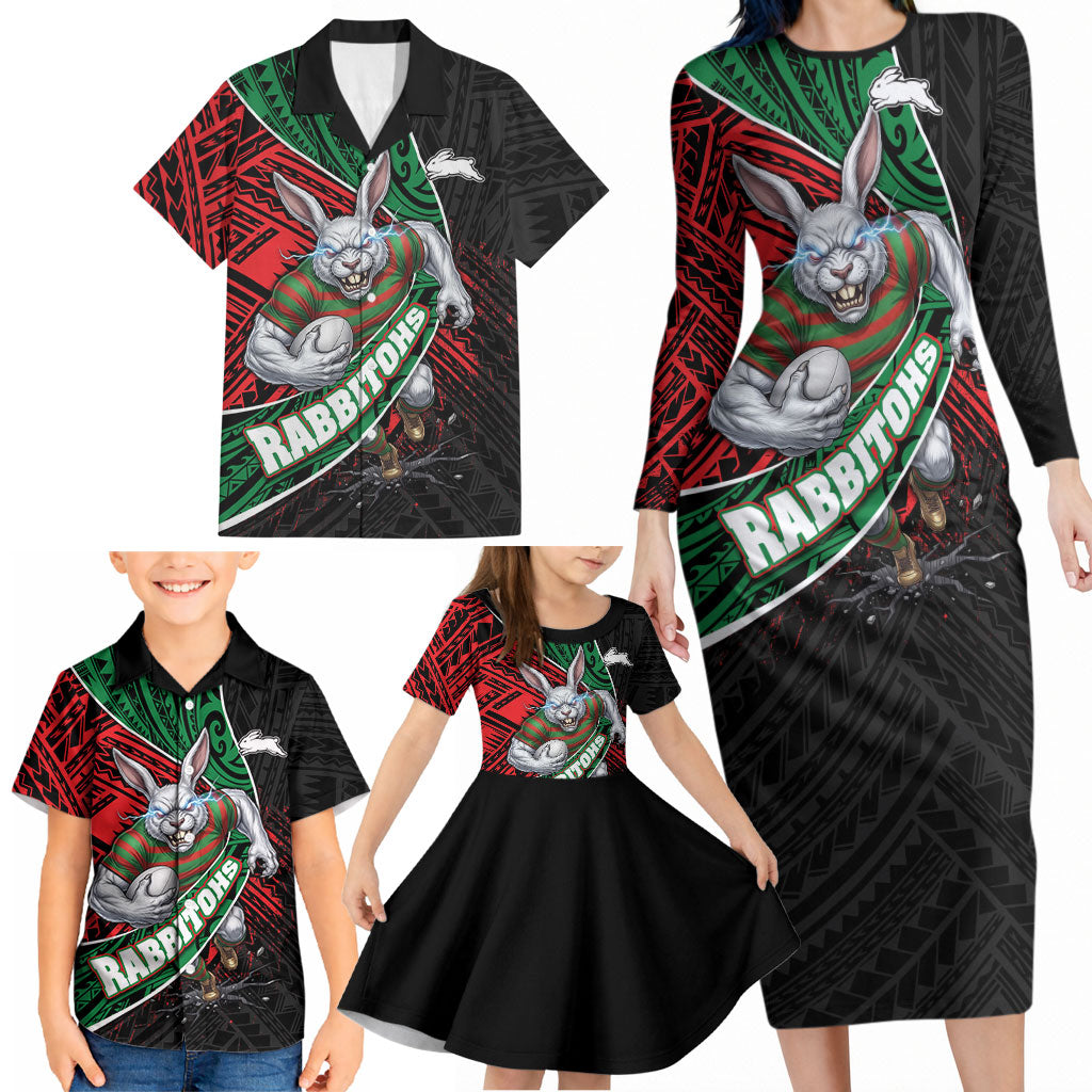 South Sydney Rabbitohs Rugby Family Matching Long Sleeve Bodycon Dress and Hawaiian Shirt Tribal Polynesian Power Art - Lightning Mascot