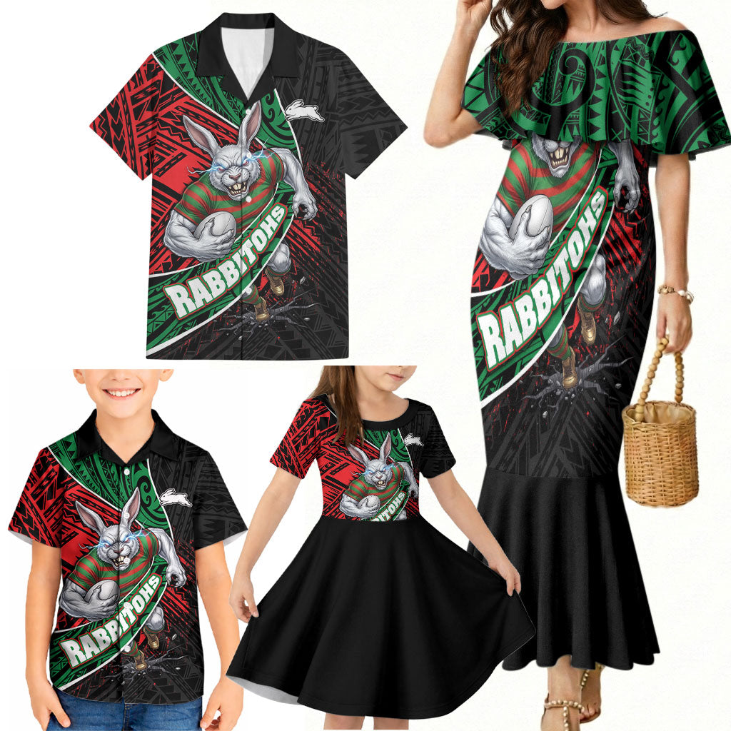 South Sydney Rabbitohs Rugby Family Matching Mermaid Dress and Hawaiian Shirt Tribal Polynesian Power Art - Lightning Mascot