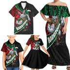 South Sydney Rabbitohs Rugby Family Matching Off Shoulder Maxi Dress and Hawaiian Shirt Tribal Polynesian Power Art - Lightning Mascot