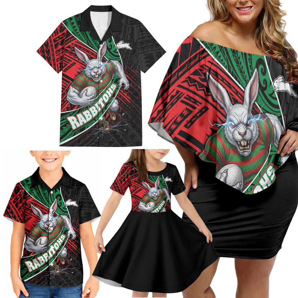 South Sydney Rabbitohs Rugby Family Matching Off Shoulder Short Dress and Hawaiian Shirt Tribal Polynesian Power Art - Lightning Mascot