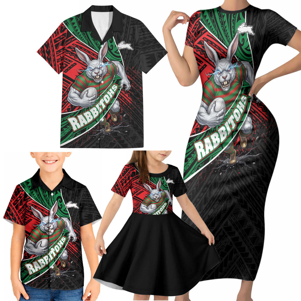 South Sydney Rabbitohs Rugby Family Matching Short Sleeve Bodycon Dress and Hawaiian Shirt Tribal Polynesian Power Art - Lightning Mascot