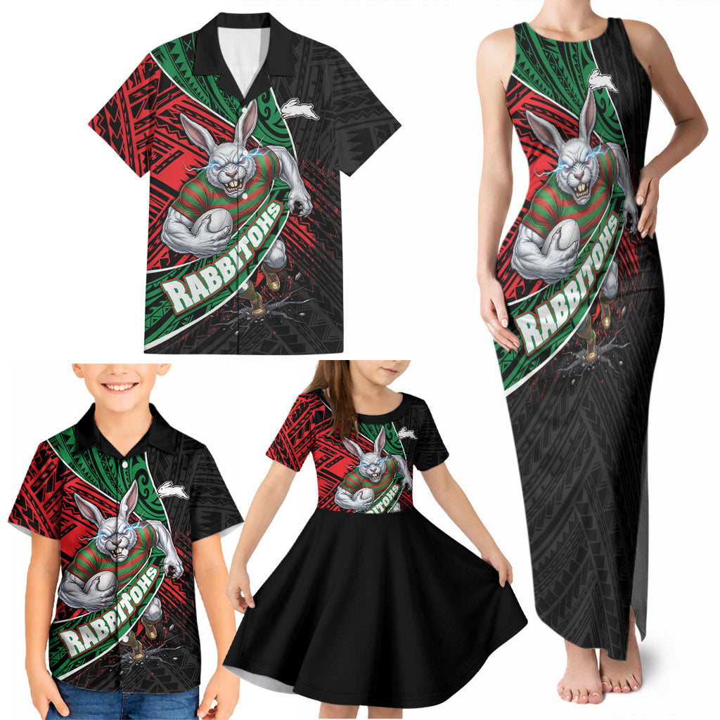 South Sydney Rabbitohs Rugby Family Matching Tank Maxi Dress and Hawaiian Shirt Tribal Polynesian Power Art - Lightning Mascot