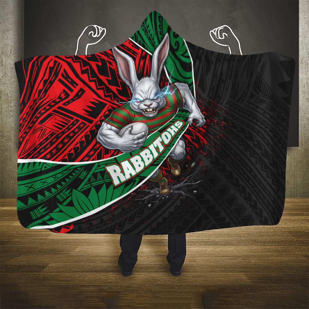 South Sydney Rabbitohs Rugby Hooded Blanket Tribal Polynesian Power Art - Lightning Mascot