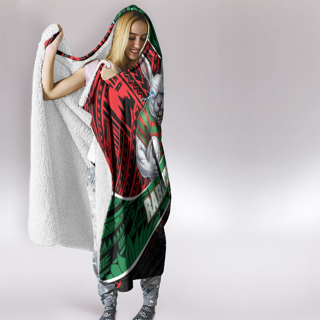 South Sydney Rabbitohs Rugby Hooded Blanket Tribal Polynesian Power Art - Lightning Mascot