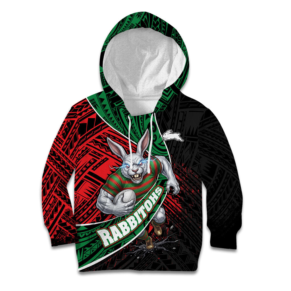 South Sydney Rabbitohs Rugby Kid Hoodie Tribal Polynesian Power Art - Lightning Mascot