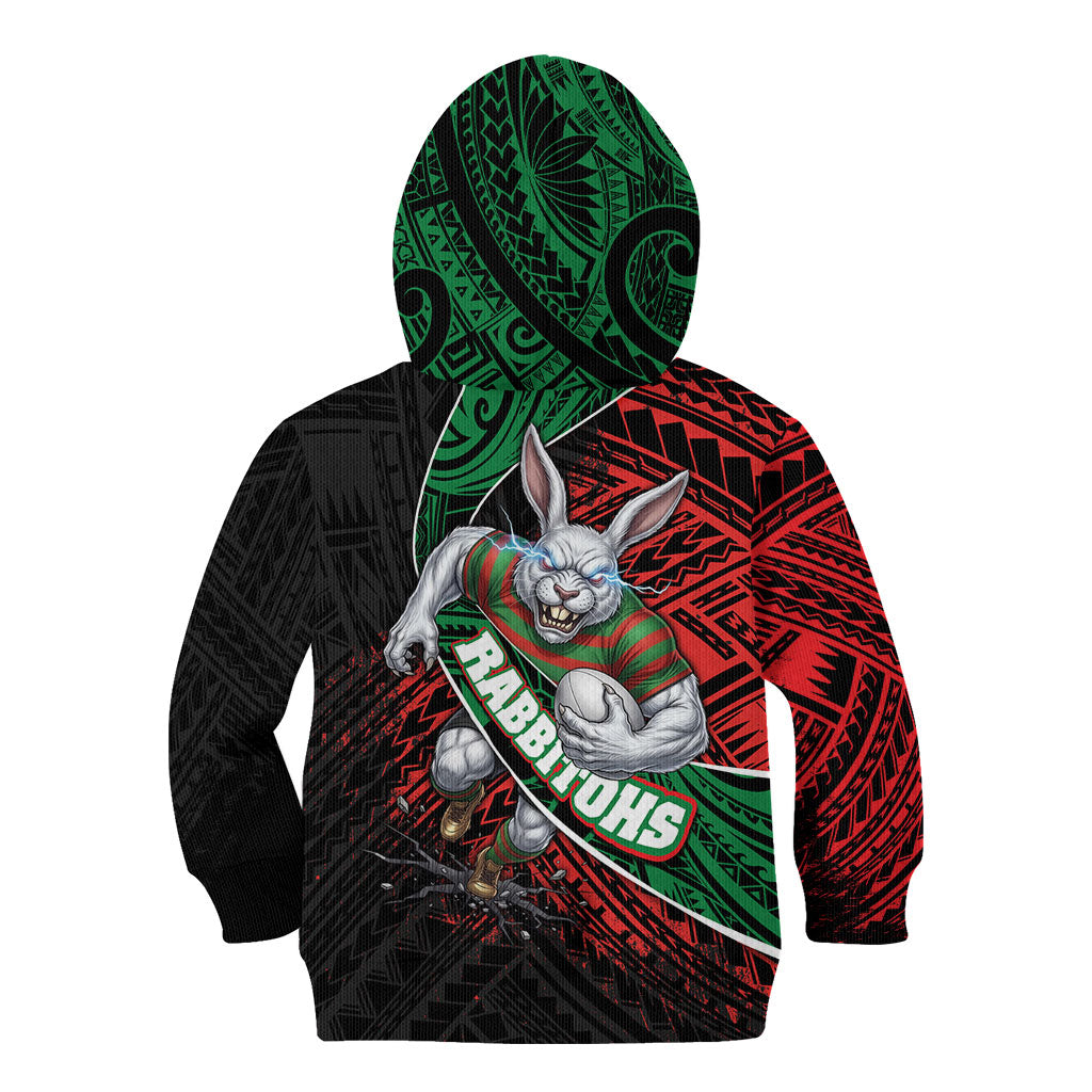 South Sydney Rabbitohs Rugby Kid Hoodie Tribal Polynesian Power Art - Lightning Mascot