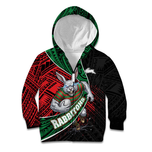 South Sydney Rabbitohs Rugby Kid Hoodie Tribal Polynesian Power Art - Lightning Mascot
