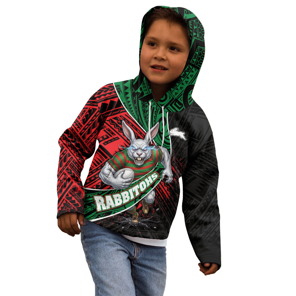 South Sydney Rabbitohs Rugby Kid Hoodie Tribal Polynesian Power Art - Lightning Mascot