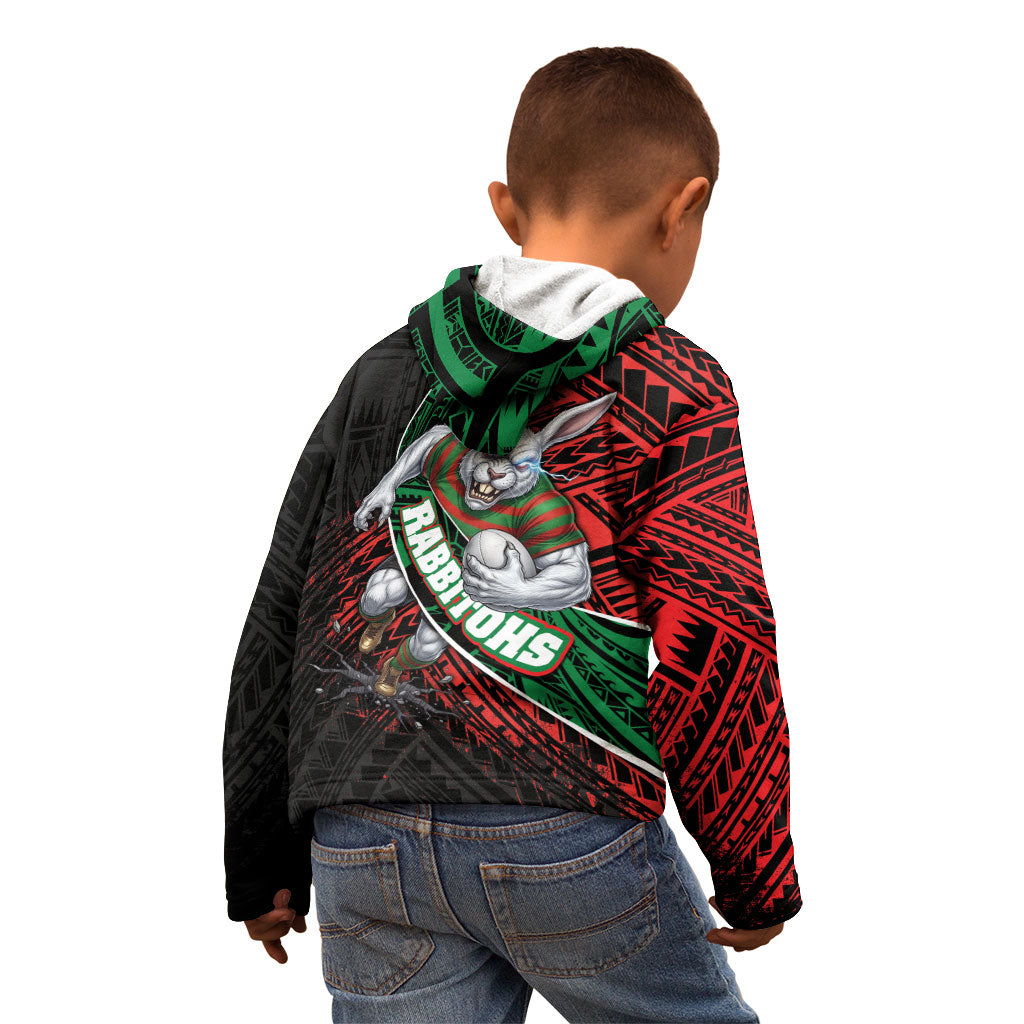 South Sydney Rabbitohs Rugby Kid Hoodie Tribal Polynesian Power Art - Lightning Mascot