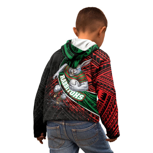 South Sydney Rabbitohs Rugby Kid Hoodie Tribal Polynesian Power Art - Lightning Mascot