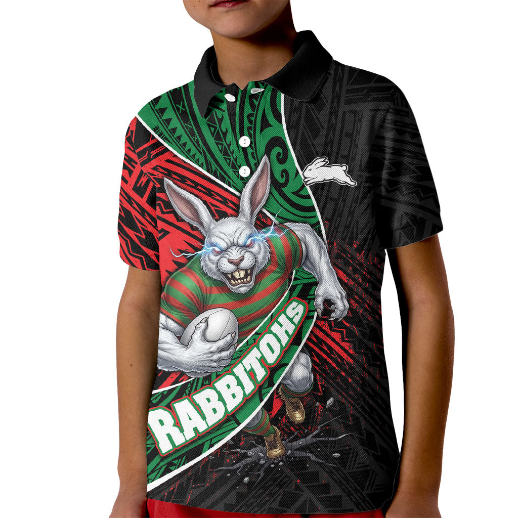 South Sydney Rabbitohs Rugby Kid Polo Shirt Tribal Polynesian Power Art - Lightning Mascot