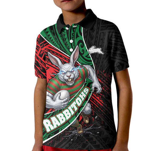 South Sydney Rabbitohs Rugby Kid Polo Shirt Tribal Polynesian Power Art - Lightning Mascot