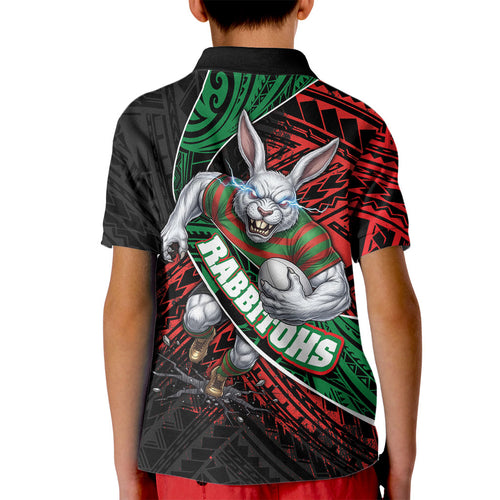 South Sydney Rabbitohs Rugby Kid Polo Shirt Tribal Polynesian Power Art - Lightning Mascot