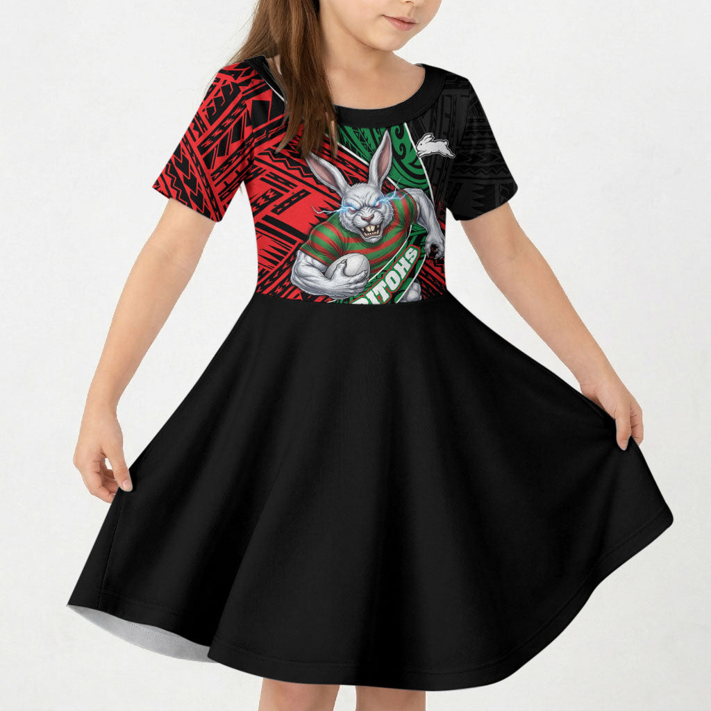 South Sydney Rabbitohs Rugby Kid Short Sleeve Dress Tribal Polynesian Power Art - Lightning Mascot