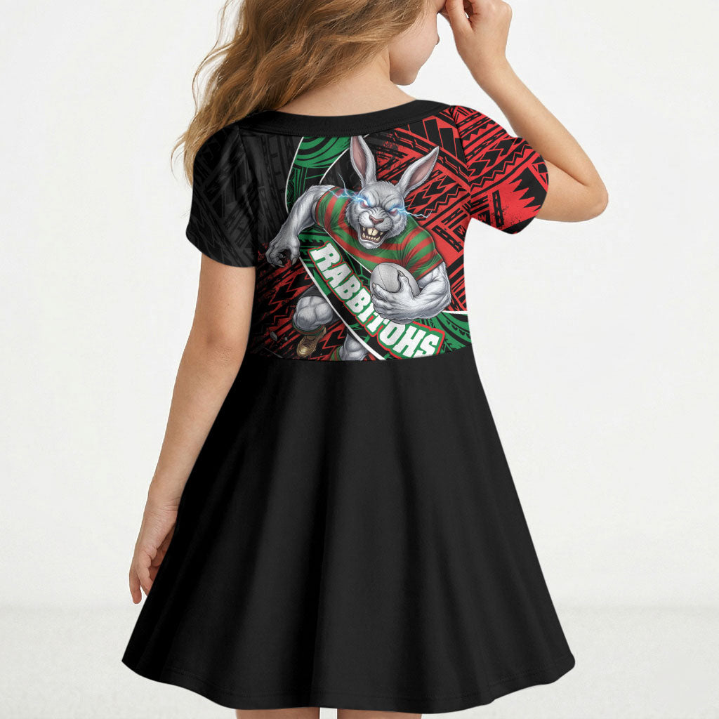 South Sydney Rabbitohs Rugby Kid Short Sleeve Dress Tribal Polynesian Power Art - Lightning Mascot