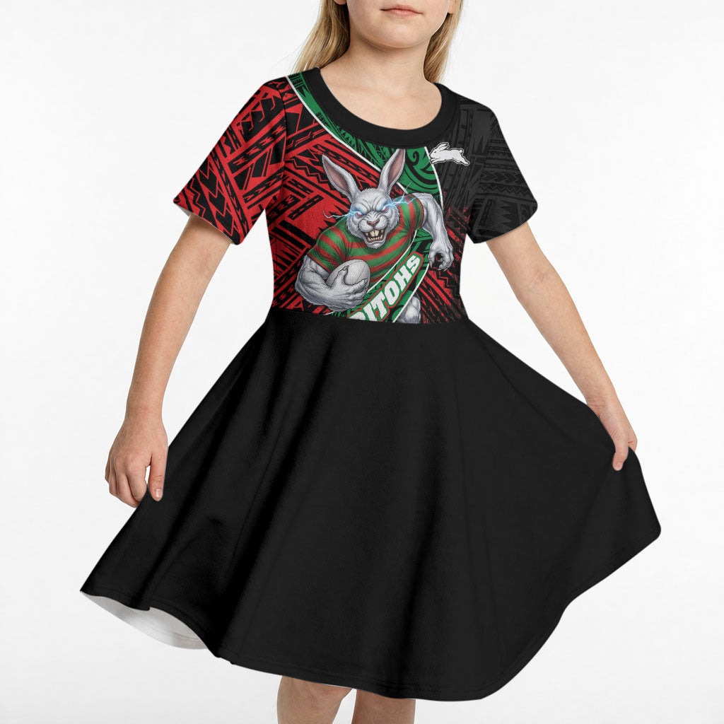 South Sydney Rabbitohs Rugby Kid Short Sleeve Dress Tribal Polynesian Power Art - Lightning Mascot