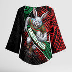 South Sydney Rabbitohs Rugby Kimono Sleeve Blouse Tribal Polynesian Power Art - Lightning Mascot