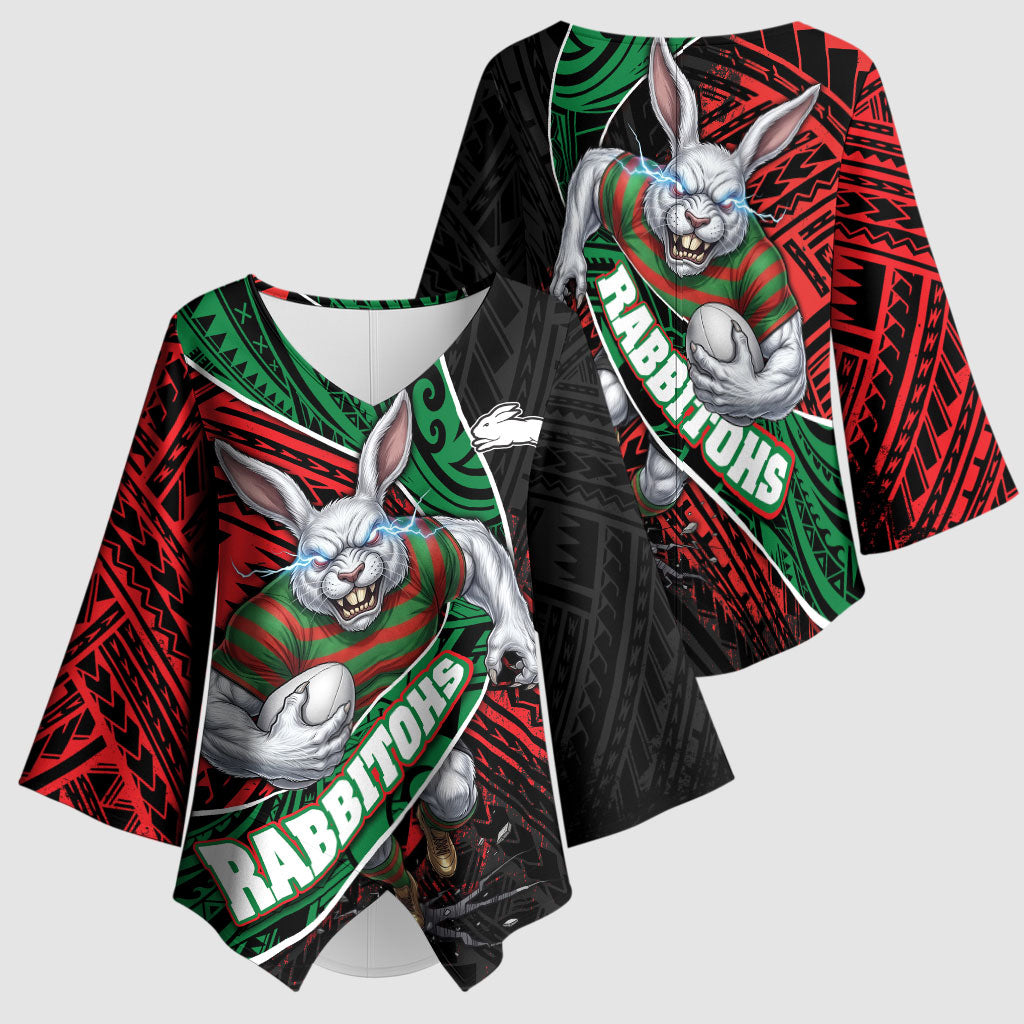 South Sydney Rabbitohs Rugby Kimono Sleeve Blouse Tribal Polynesian Power Art - Lightning Mascot