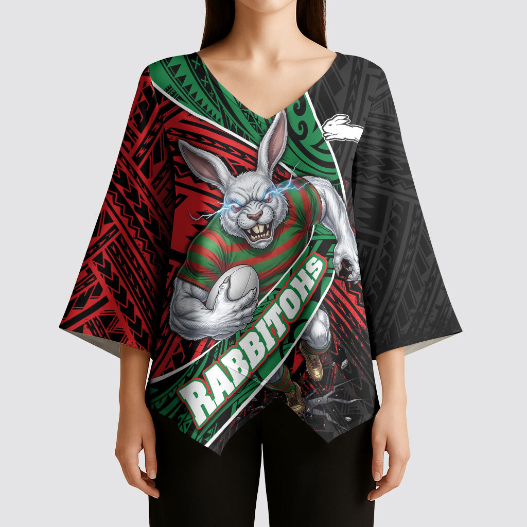 South Sydney Rabbitohs Rugby Kimono Sleeve Blouse Tribal Polynesian Power Art - Lightning Mascot