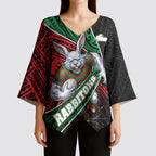South Sydney Rabbitohs Rugby Kimono Sleeve Blouse Tribal Polynesian Power Art - Lightning Mascot